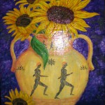 786# R. Perlak, Sunflowers in vase with runners, 2014, oil on canvas stick on panel,  20,6 x 14,4