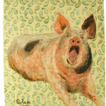 681# R. Perlak, Pig, 2016, oil on canvas stick on wood, nails, 28 x 22 in (72 x 55 cm)