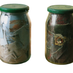 687# R. Perlak, Dog in the Jars, 2016, oil on canvas in two jars, each 6 x 4 in (16 x 9 cm)